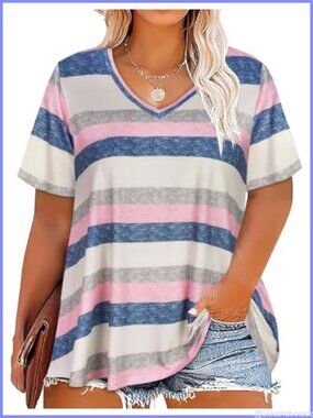 Plus Size V Neck Tunic Top Short Sleeve Loose Fit Summer Tee